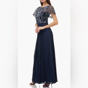 JS Collections Embroidered Illusion Bodice Pleated Gown